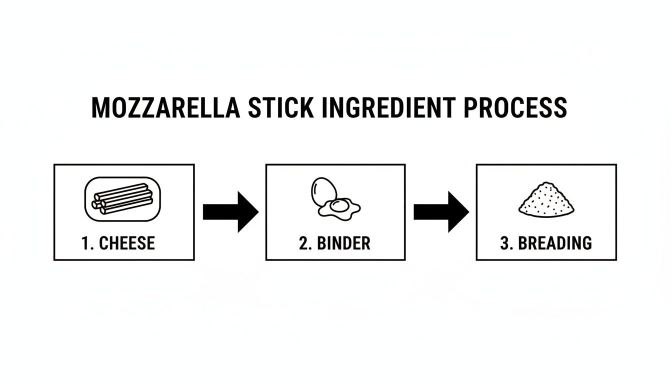 Step-by-step diagram illustrating the ingredients and process for making mozzarella sticks.