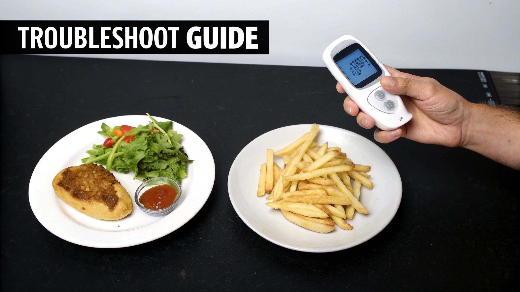 A hand holds a device over plates of food, including fries and a salad, with a troubleshooting guide.