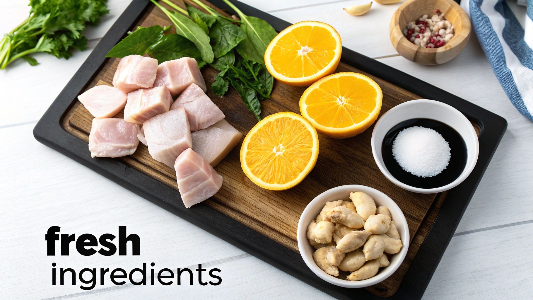 Fresh ingredients for cooking, including diced raw fish, sliced oranges, greens, soy sauce, and cashews.