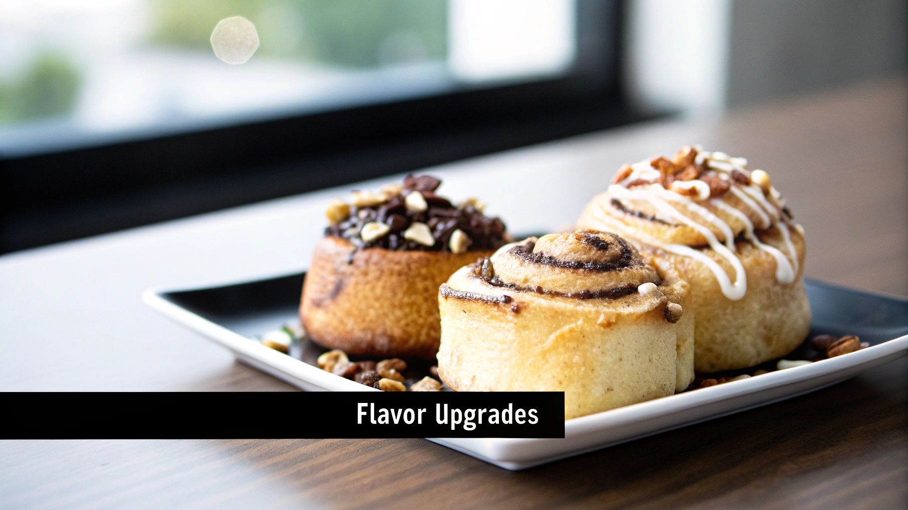 Three gourmet cinnamon rolls with nuts and white icing drizzle on white plate