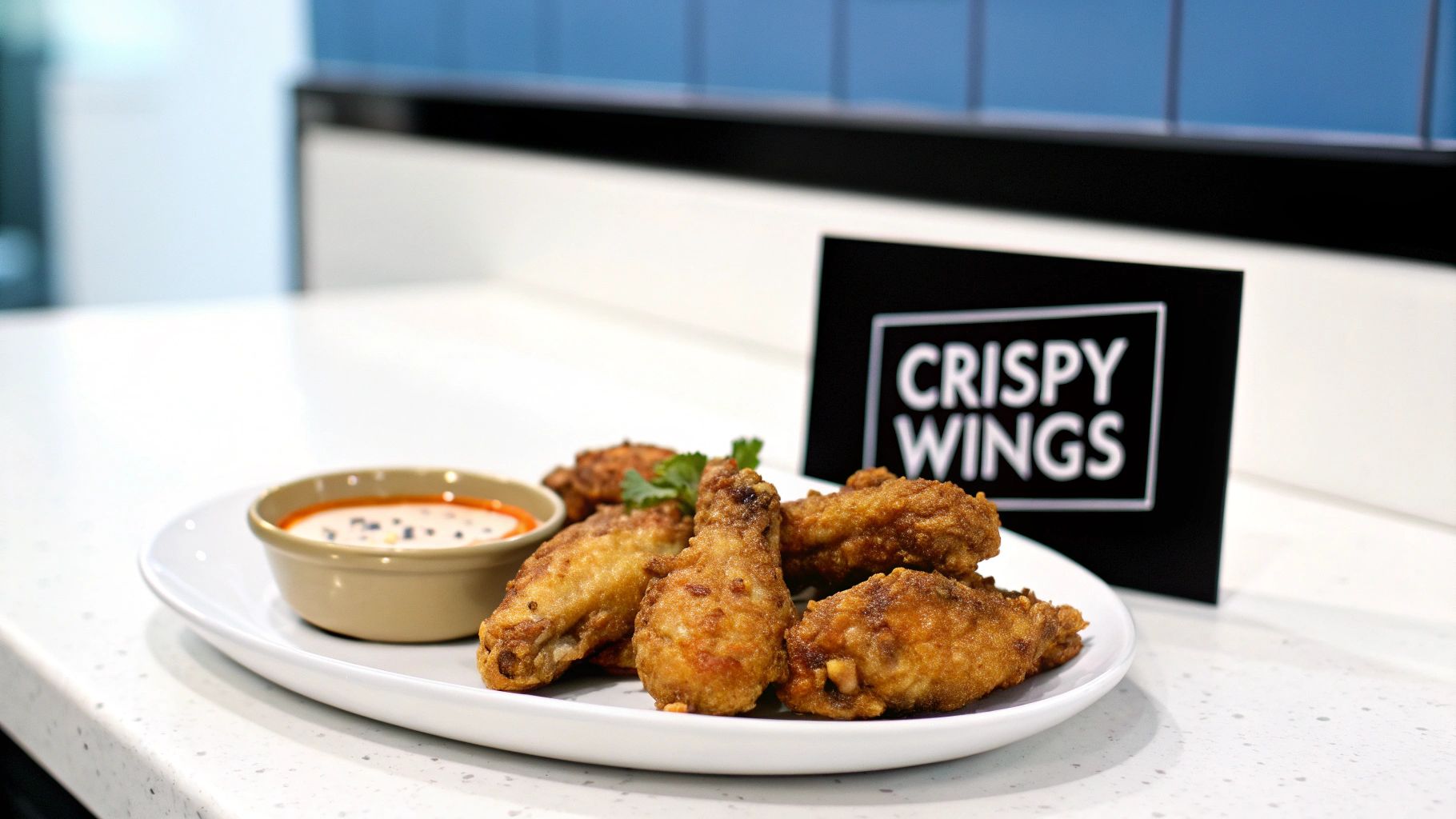 A plate of golden crispy fried chicken wings and drumettes with dipping sauce and a 'CRISPY WINGS' sign.