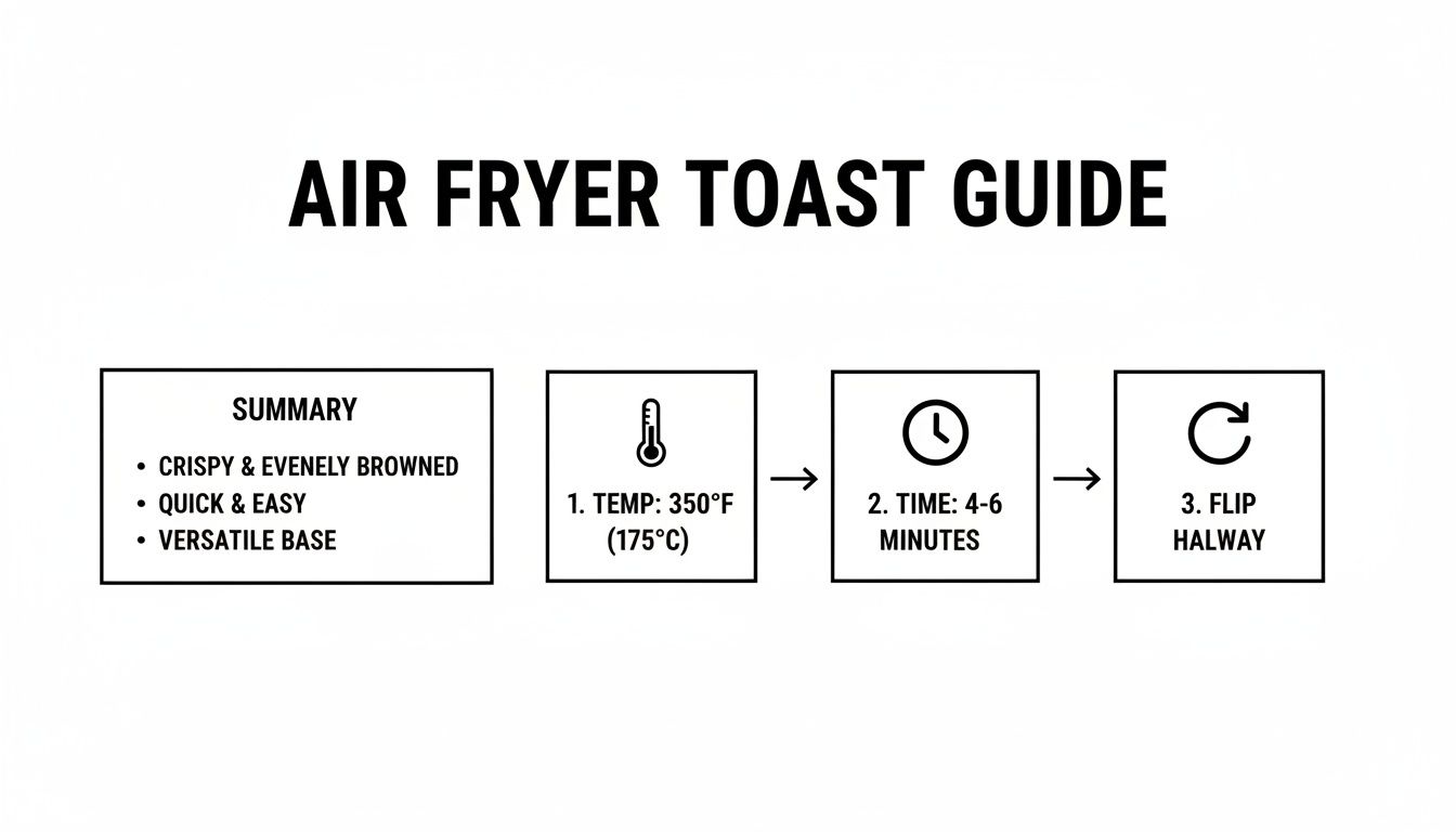 An infographic guide explaining how to make crispy and evenly browned toast in an air fryer.