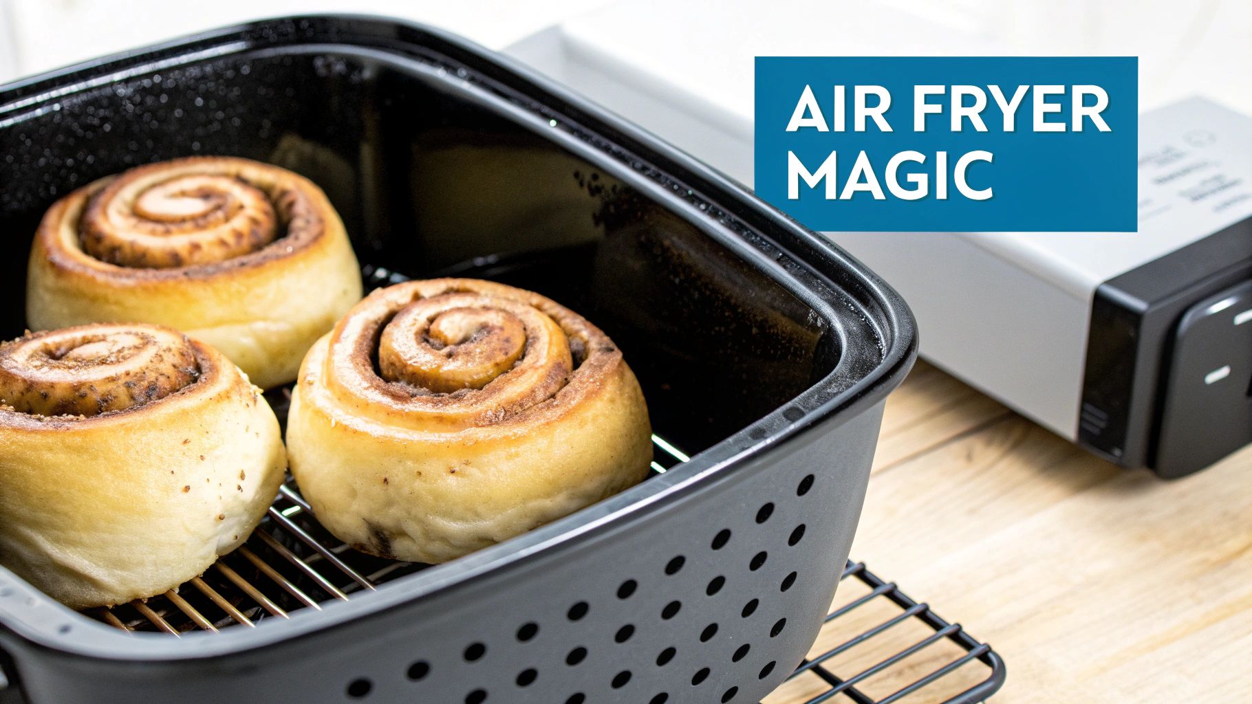 Three golden-brown cinnamon rolls in a black air fryer basket with a blue 'AIR FRYER MAGIC' banner.