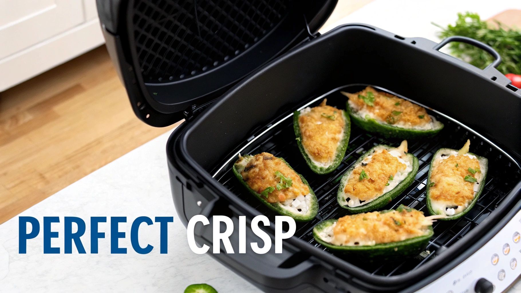 Six perfectly golden-brown jalapeno poppers with creamy filling cooking in an air fryer.