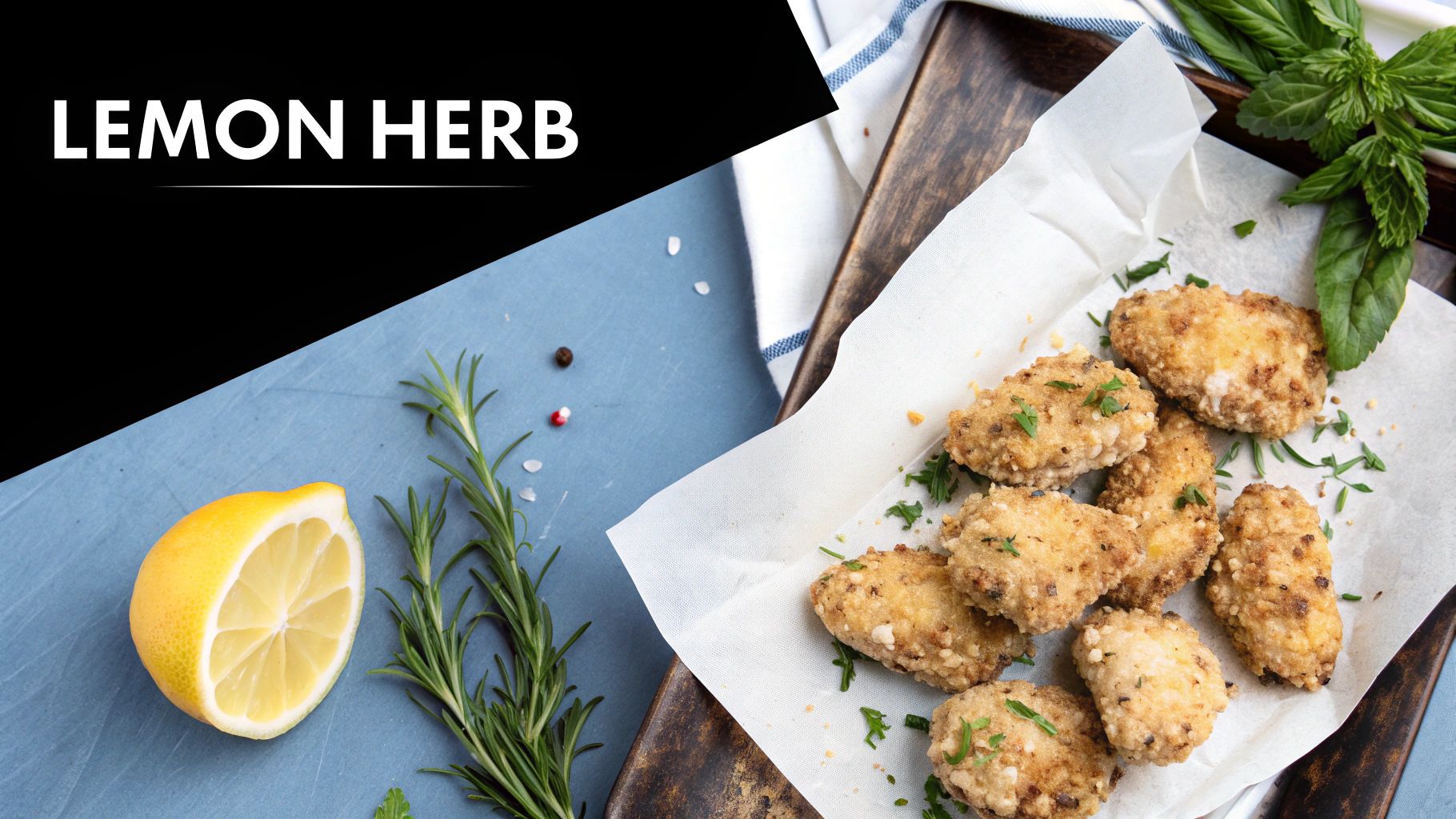 Crispy lemon herb chicken bites on parchment paper with fresh lemon and rosemary.