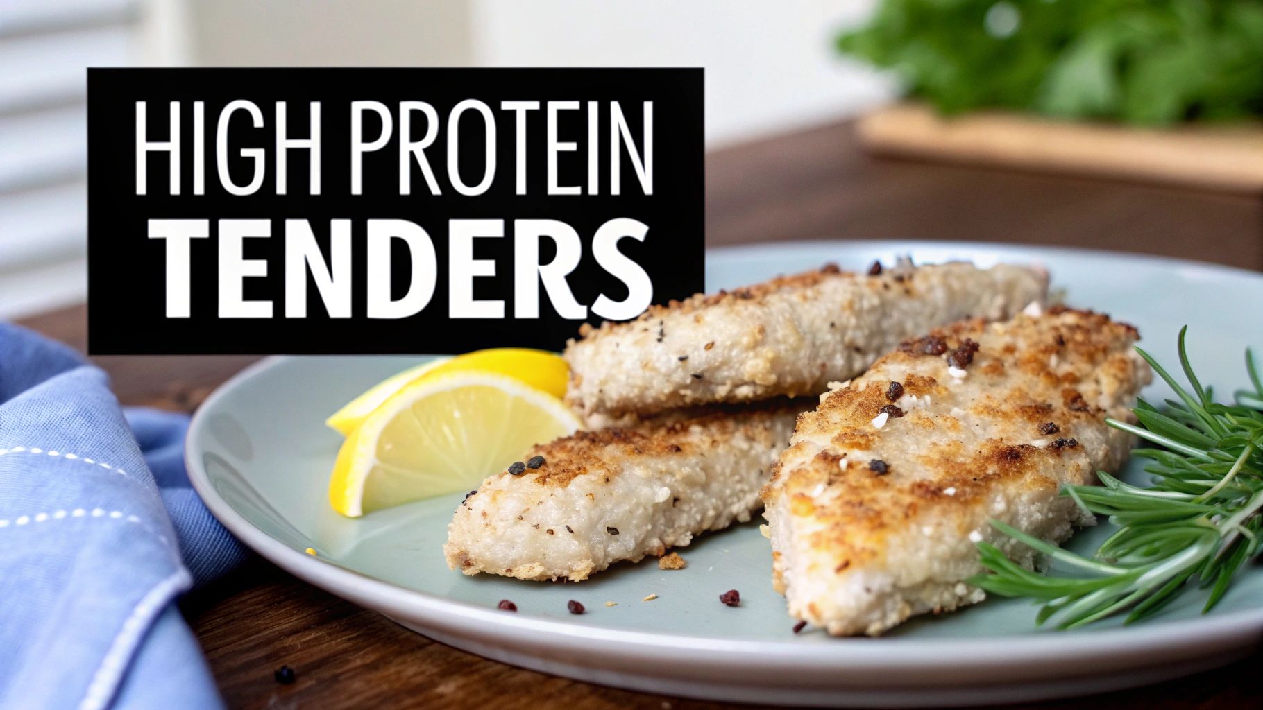 A plate of golden-brown high protein tenders with lemon slices and fresh rosemary, ready to eat.