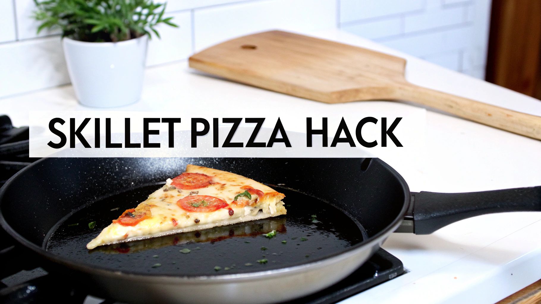 A slice of pizza with tomatoes and cheese heating in a skillet with text 'SKILLET PIZZA HACK'.