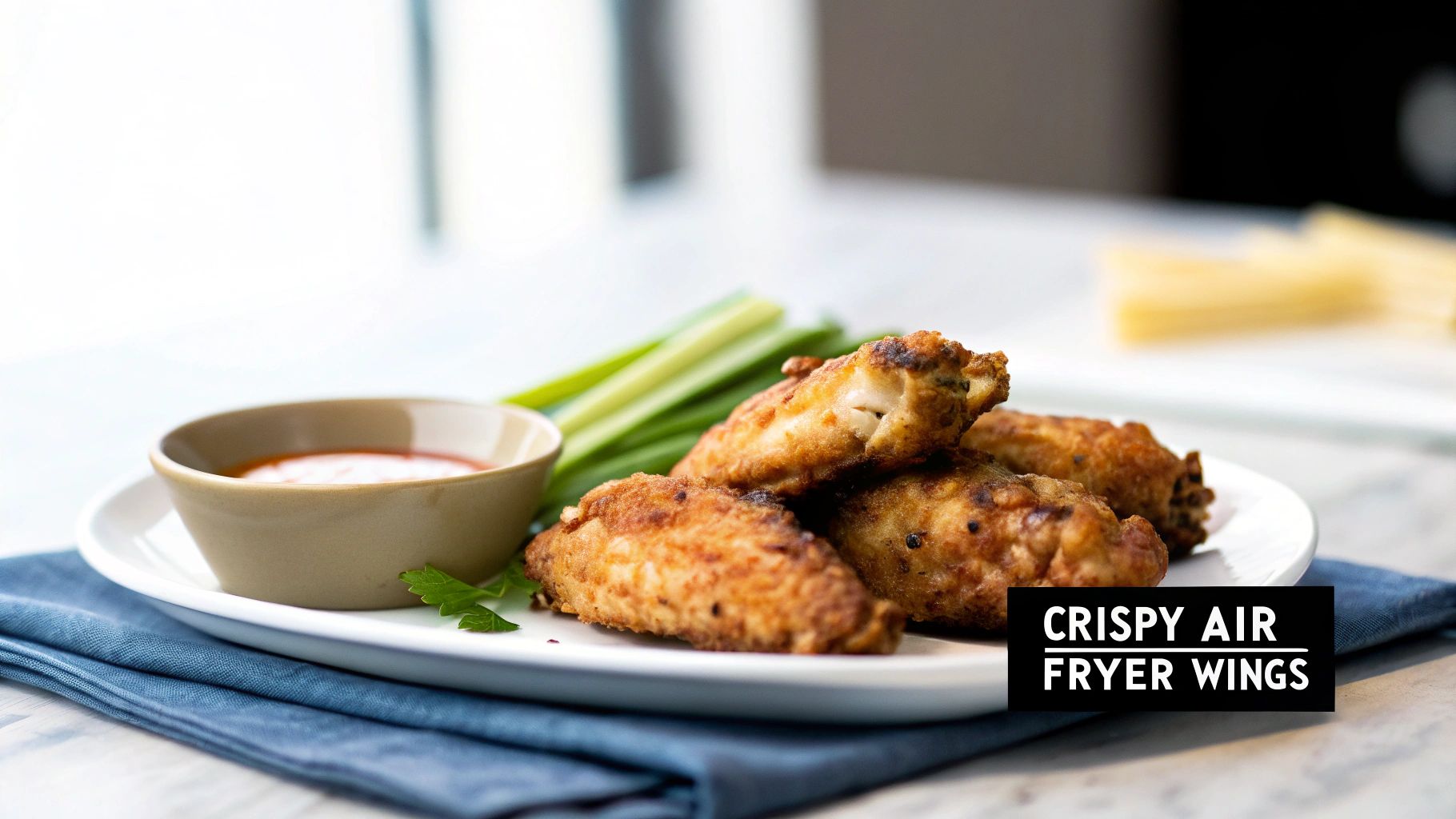 Crispy air fryer chicken wings served with a dipping sauce and celery on a white plate with a blue napkin.