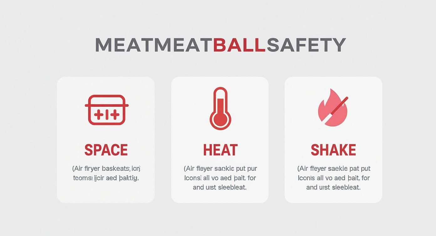 Meatball safety infographic showing three air fryer cooking tips: space, heat, and shake for best results