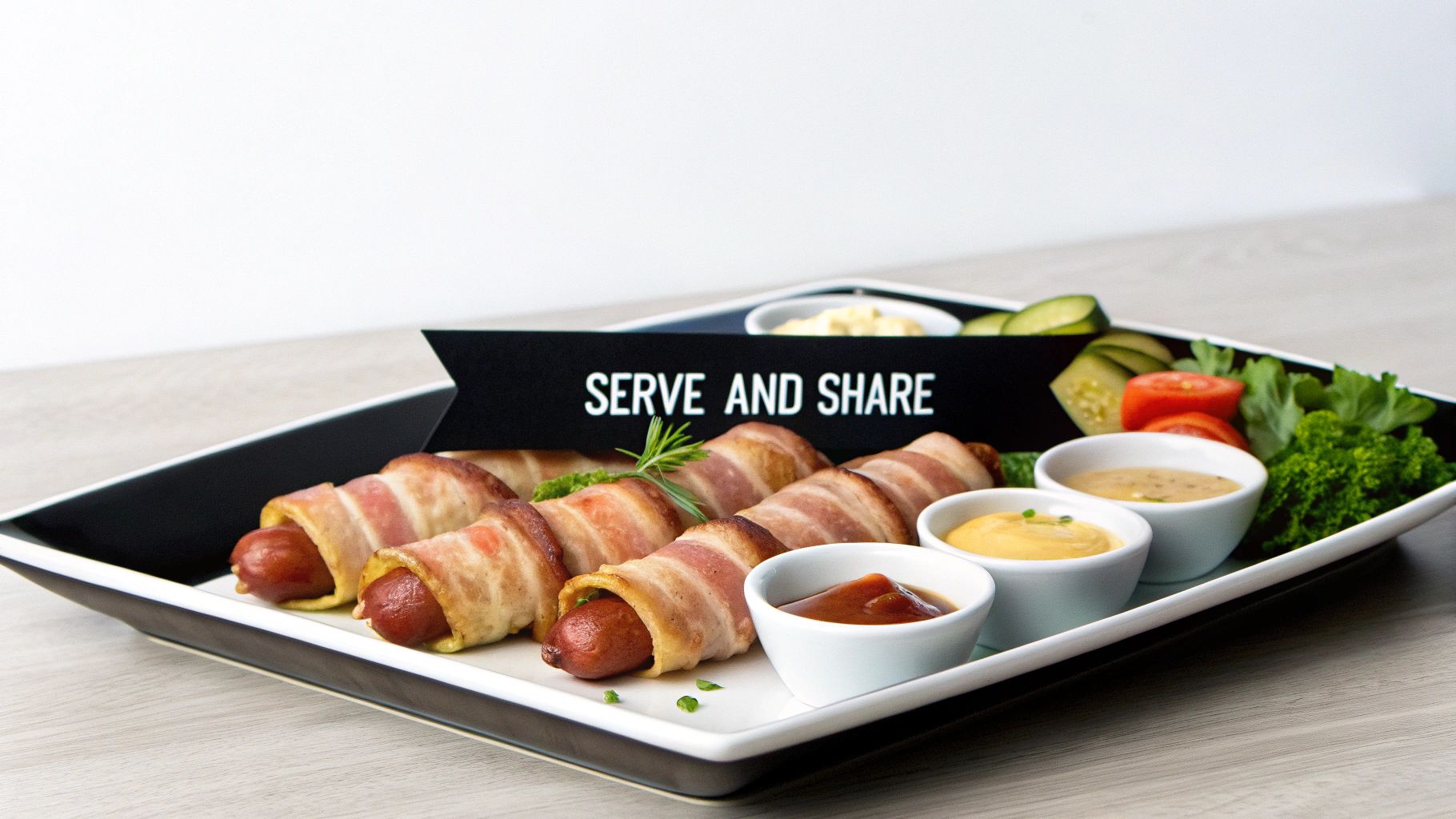 A platter of crispy bacon-wrapped hot dogs with assorted dipping sauces and fresh vegetables.