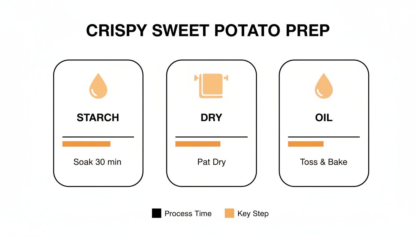 A visual guide illustrating three key steps for crispy sweet potato preparation: starch, dry, and oil.