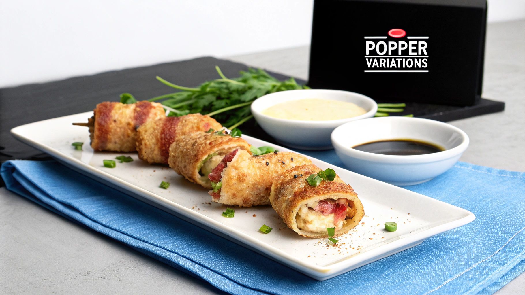 Golden, crispy bacon-wrapped jalapeno poppers on a white plate with dipping sauces and garnish.