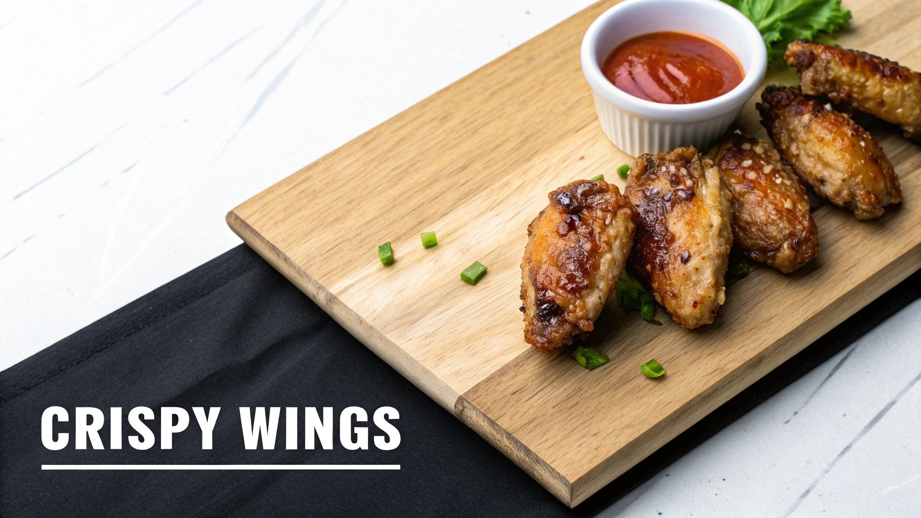 Delicious crispy chicken wings served on a wooden board with dipping sauce and fresh green onions.