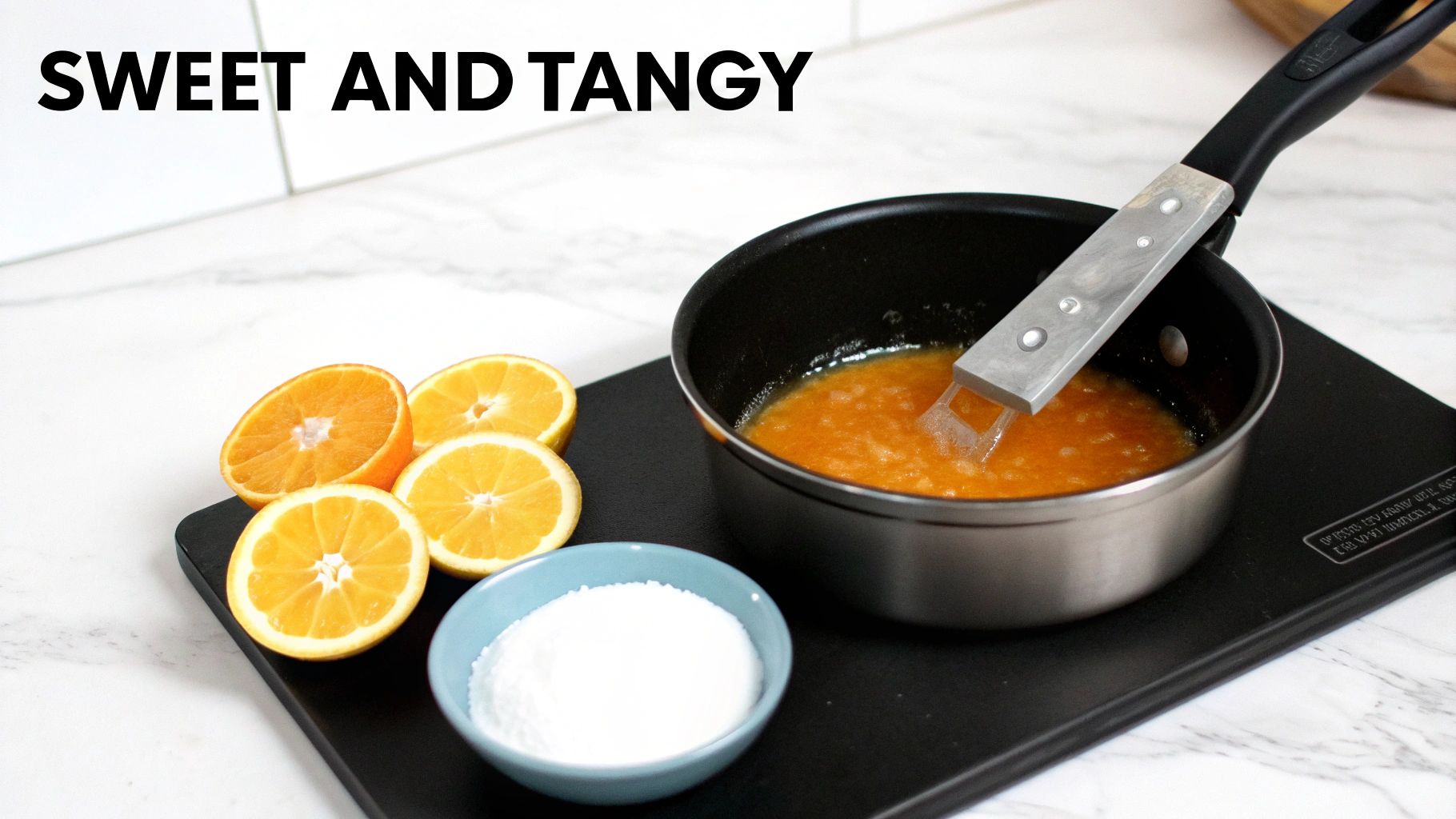 A pot of sweet and tangy orange sauce is stirred, with fresh orange halves and sugar on a cutting board.