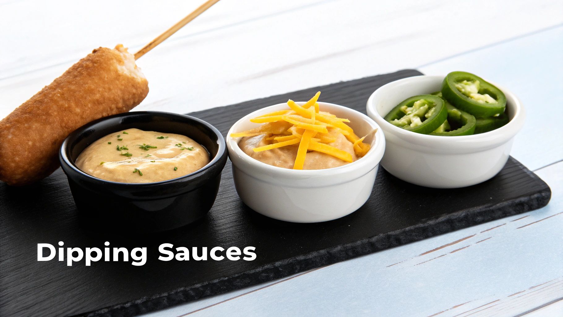 A delicious mini corn dog served with three small bowls of dipping sauces and fresh jalapeño slices.