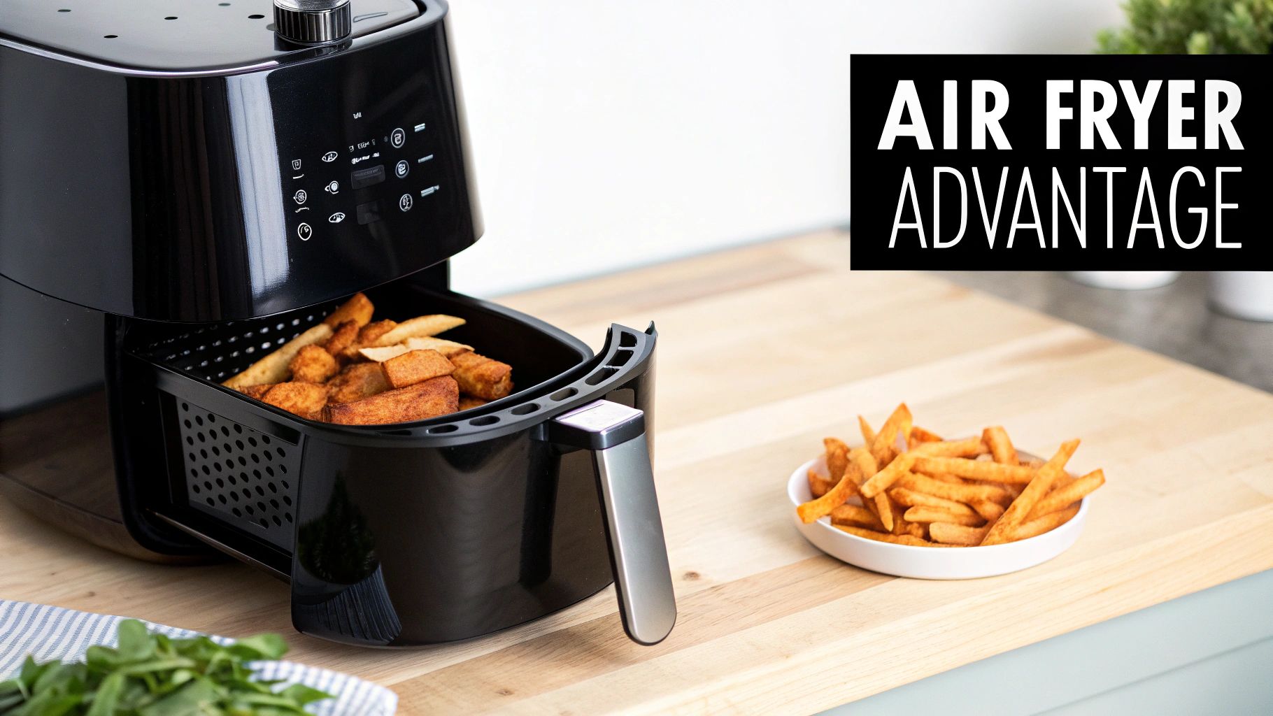 A black air fryer with its basket filled with fried food, beside a bowl of french fries.