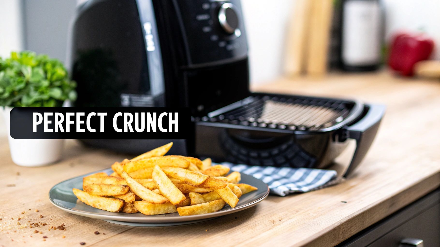 A plate of perfectly golden-brown fries sits in front of a black air fryer on a wooden countertop, with 'PERFECT CRUNCH' text.