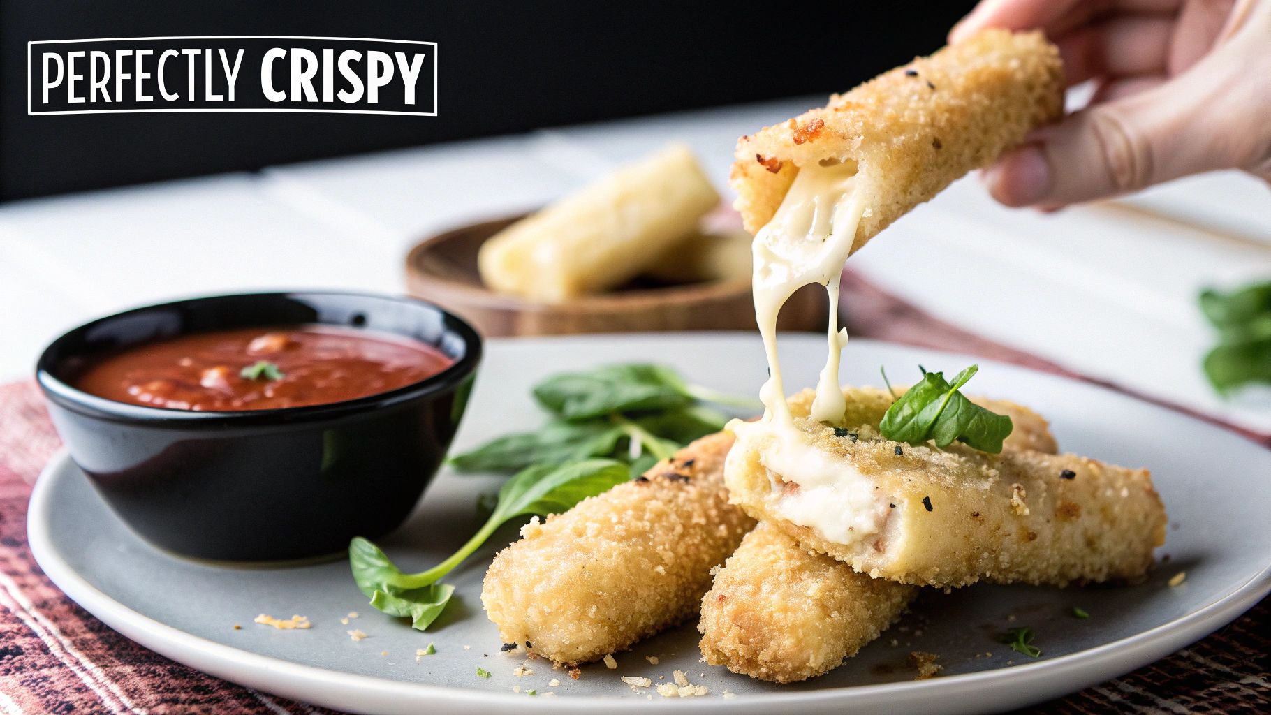 Crispy fried mozzarella sticks with gooey melted cheese pull, served with marinara sauce and fresh basil.