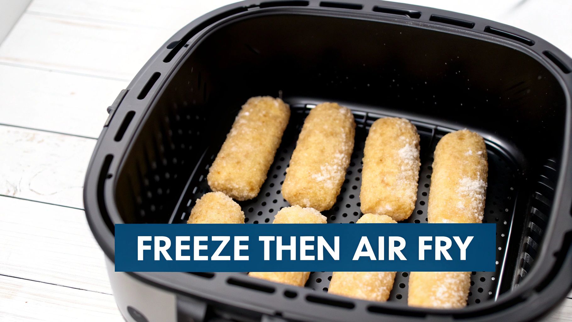 Frozen golden-brown breaded sticks, possibly mozzarella, arranged in a black air fryer basket, ready to cook.