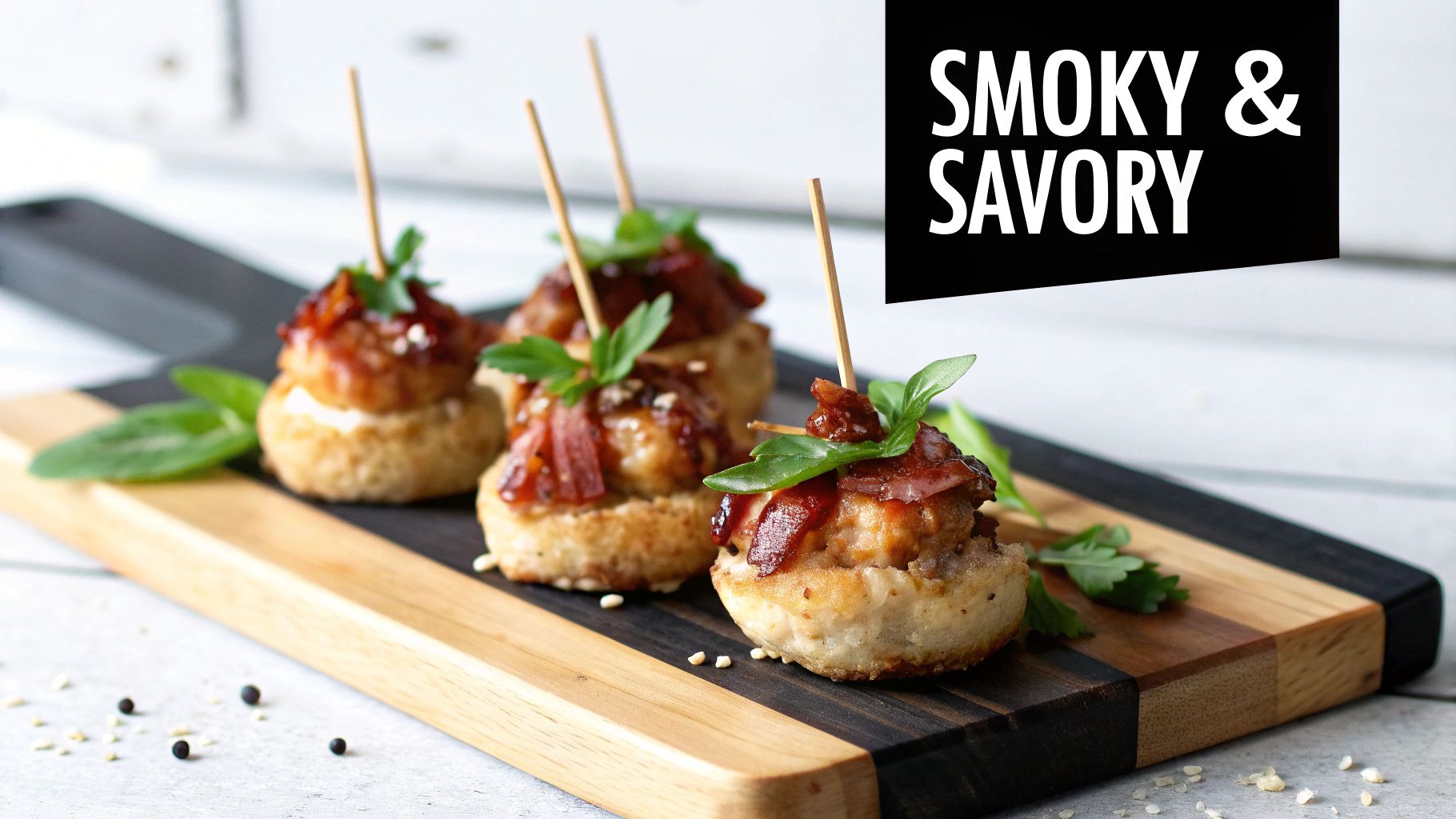 Four smoky and savory chicken bites with bacon, sauce, and herbs on a rustic wooden board.