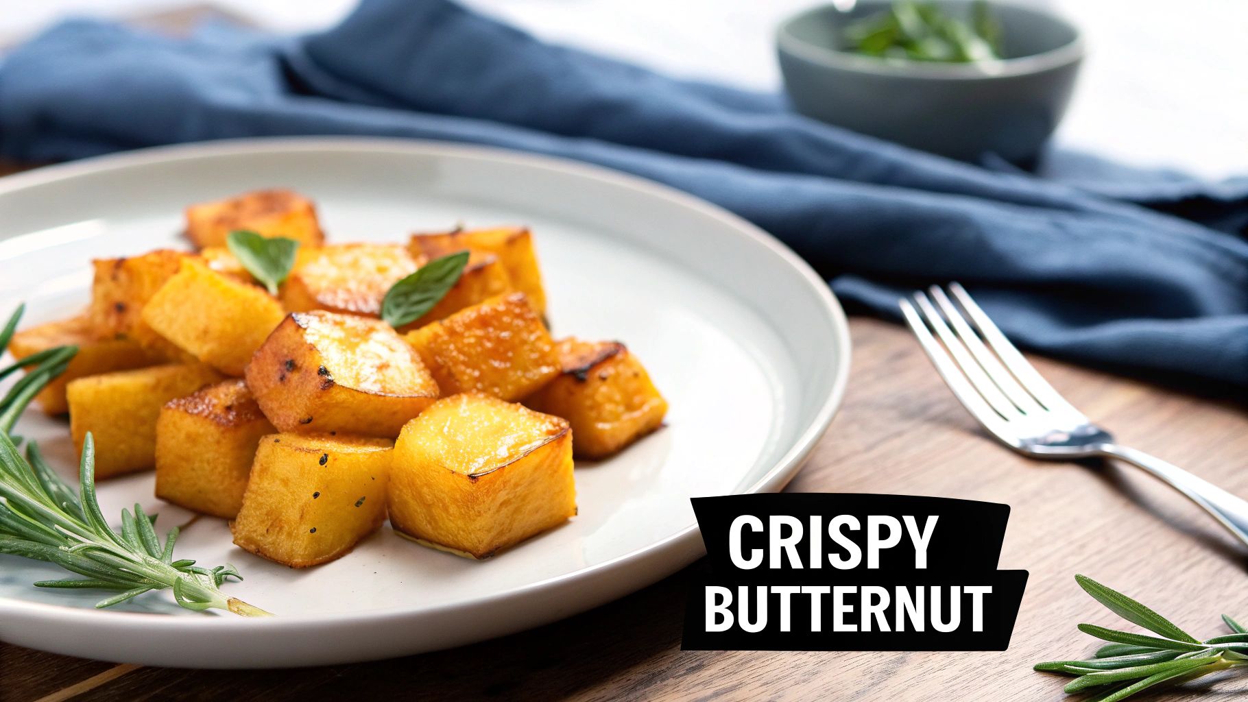A white plate filled with golden, crispy cubed butternut squash, garnished with fresh herbs, next to a fork.
