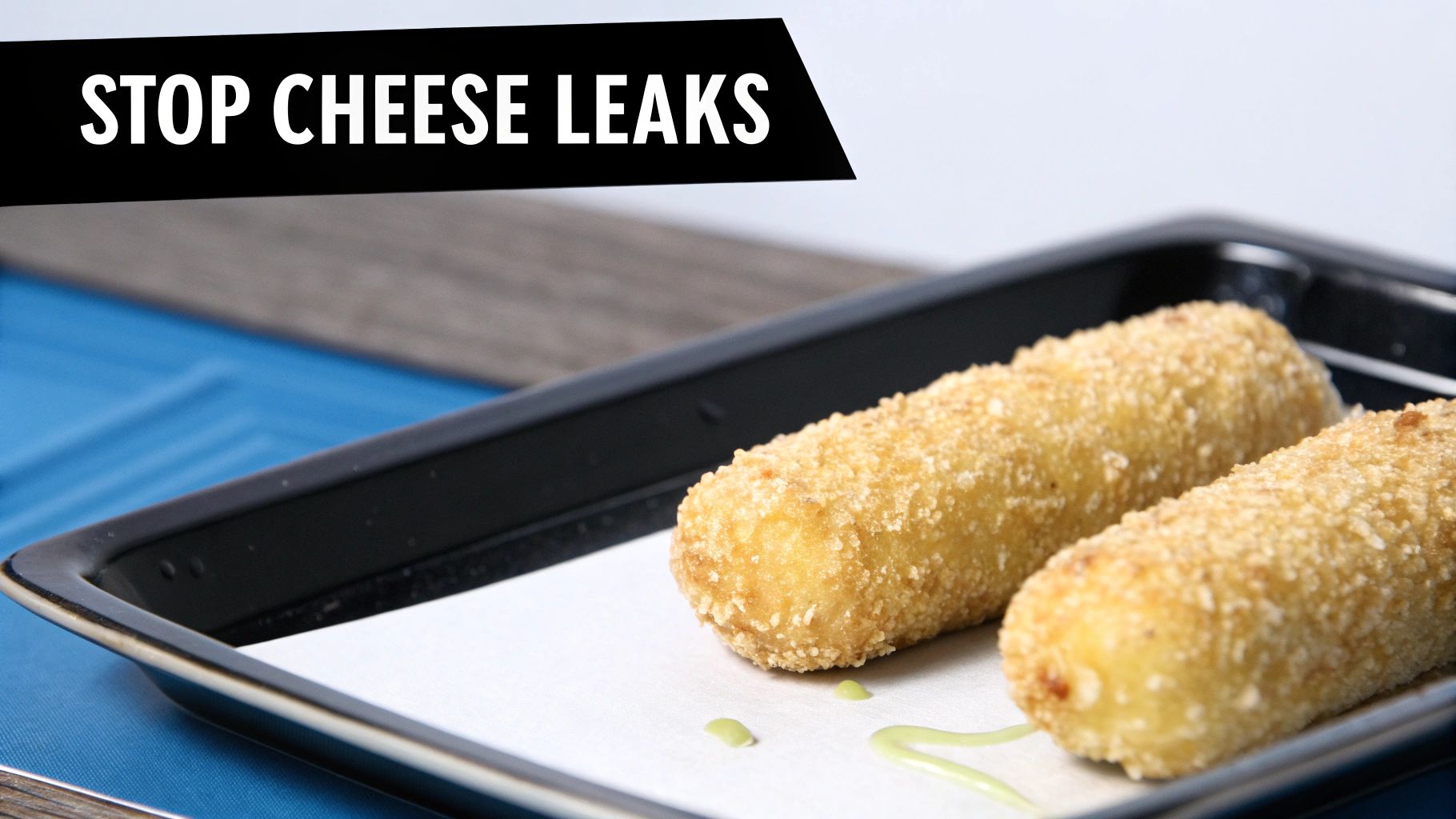 Two golden-brown, breaded cheese sticks on a baking sheet, with a 'STOP CHEESE LEAKS' banner.