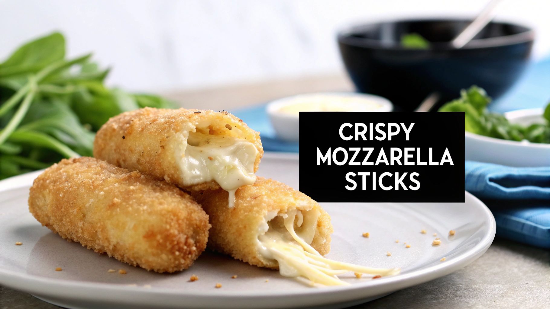 Golden brown crispy mozzarella sticks on a plate, with melted gooey cheese stretching out.