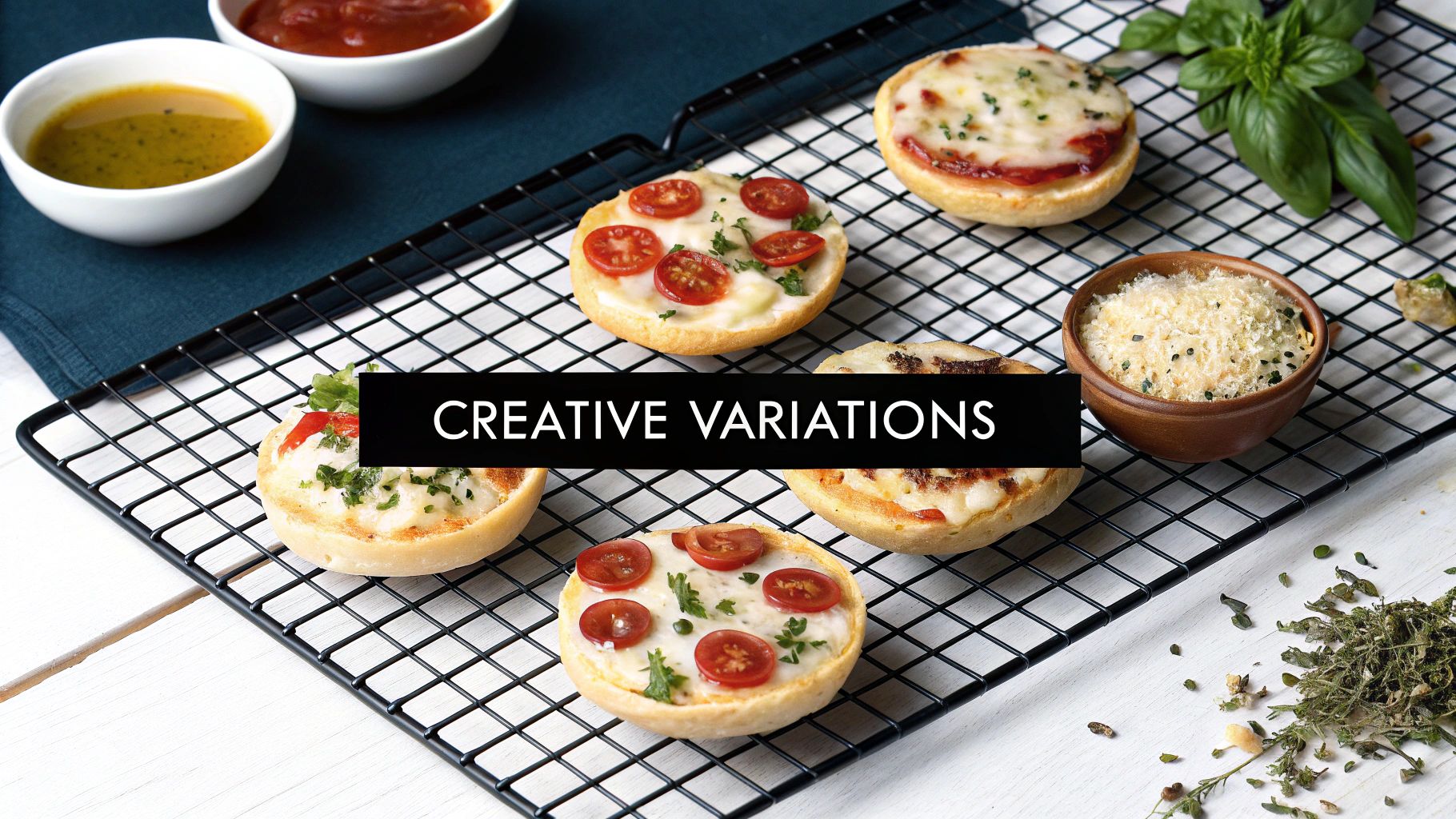 Assortment of mini bagel pizzas with cheese, tomatoes, and herbs on a black cooling rack.