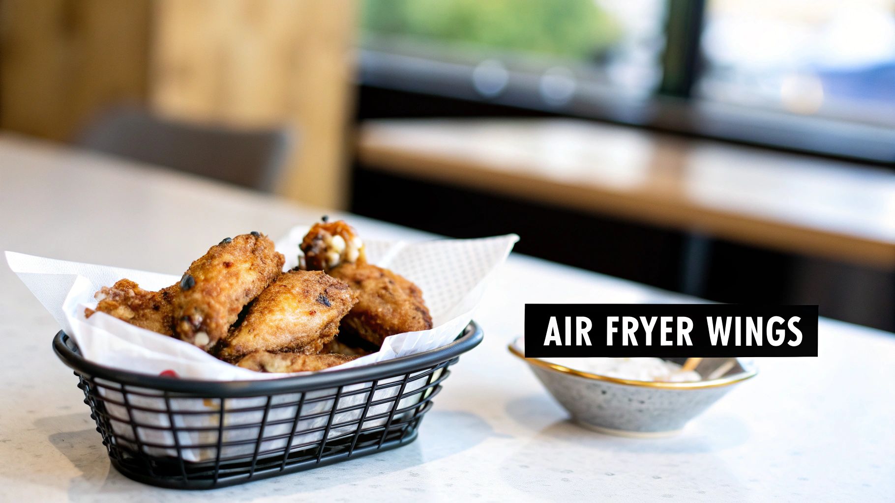 Crispy, golden-brown air fryer chicken wings in a black basket with a dipping sauce on a white table.