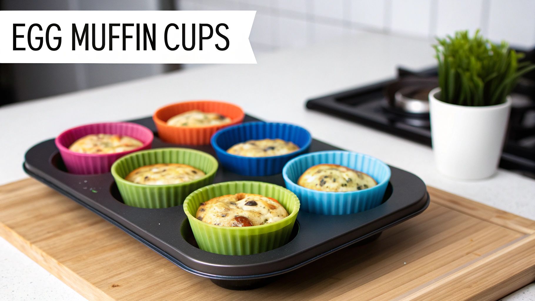 Delicious egg muffin cups in vibrant silicone molds in a muffin tin on a wooden board.