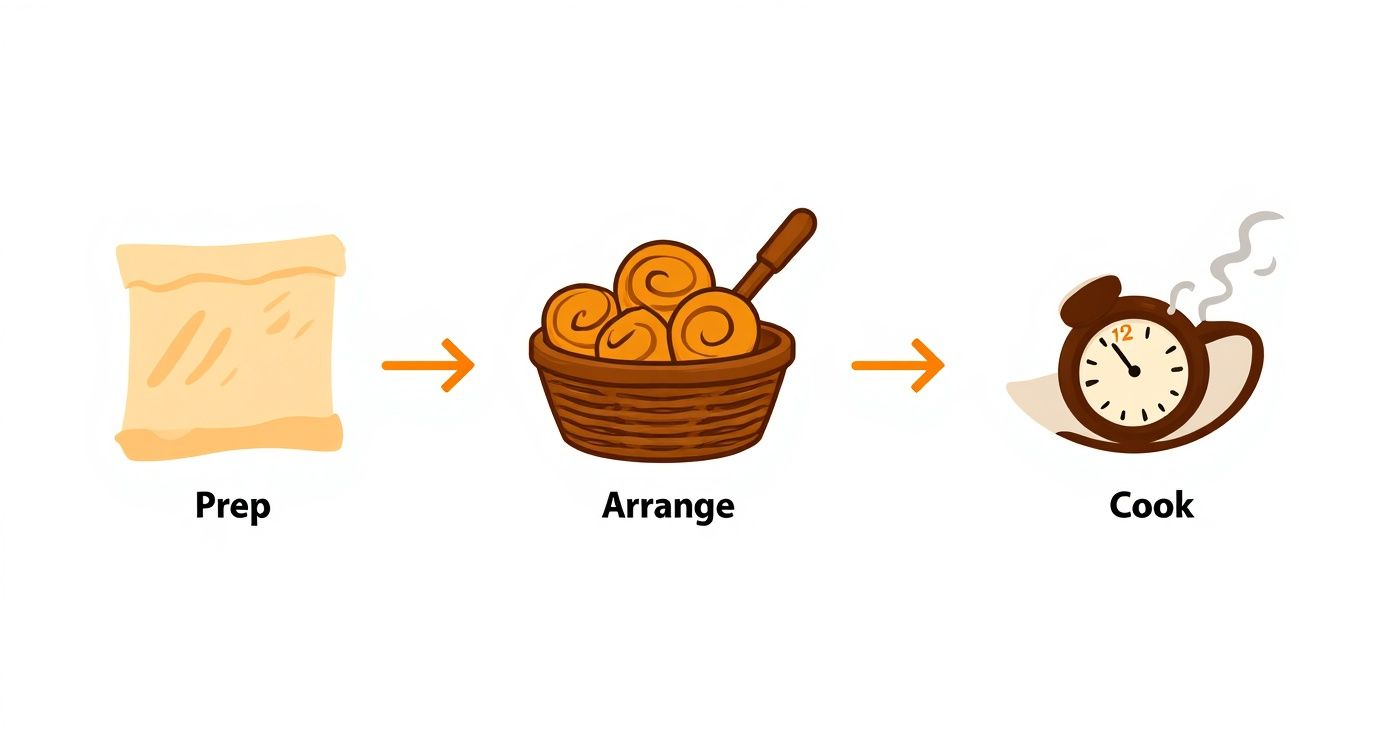 Three-step cooking process diagram showing prep, arrange, and cook stages for making cinnamon rolls