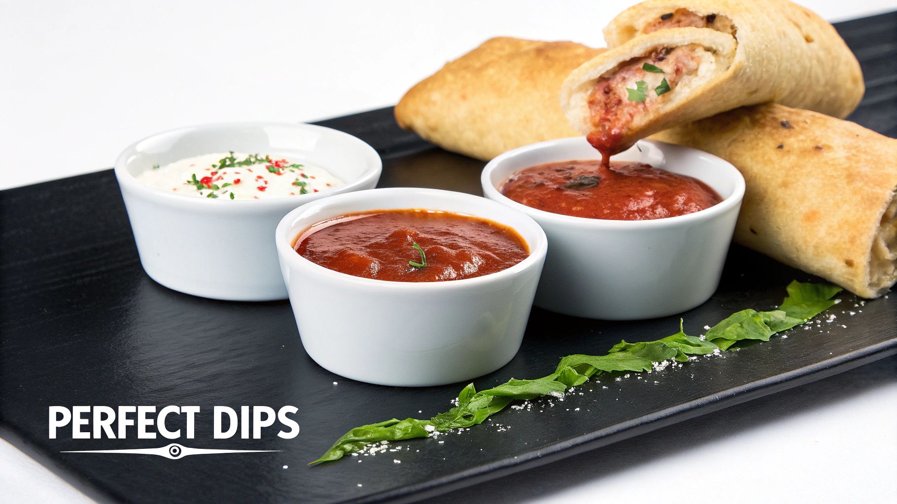 Crispy pizza rolls and assorted dipping sauces, including marinara, beautifully presented on a black tray.