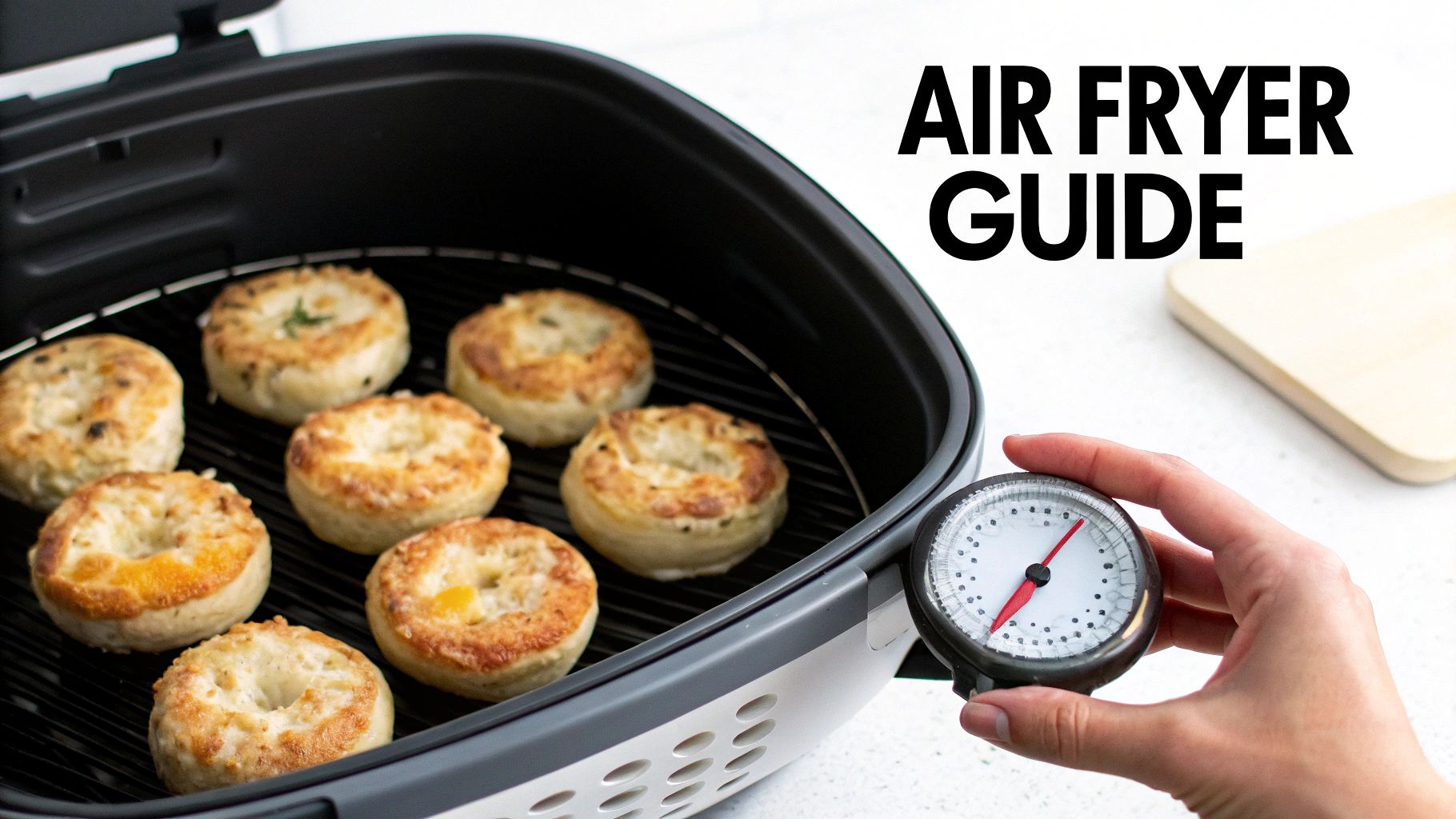 An air fryer basket filled with golden-brown bagel bites, with a hand holding a kitchen timer nearby.