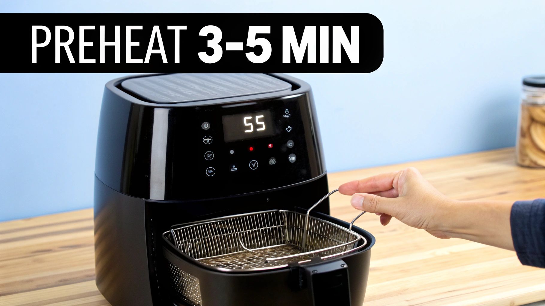 A black air fryer with its basket pulled out, displaying 'PREHEAT 3-5 MIN' text and digital timer.