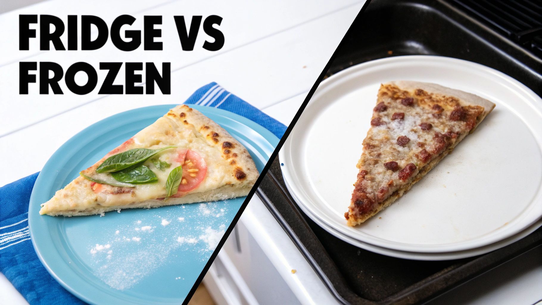 A split image comparing a fresh pizza slice from the fridge to a reheated frozen pizza slice.