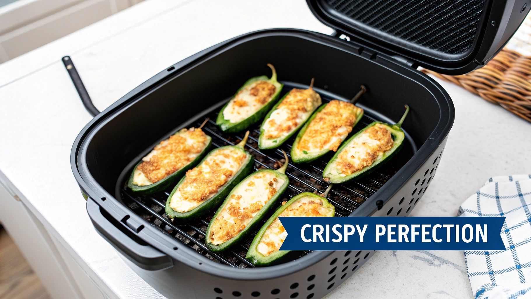 Delicious homemade crispy jalapeno poppers arranged in an air fryer basket, ready to eat.