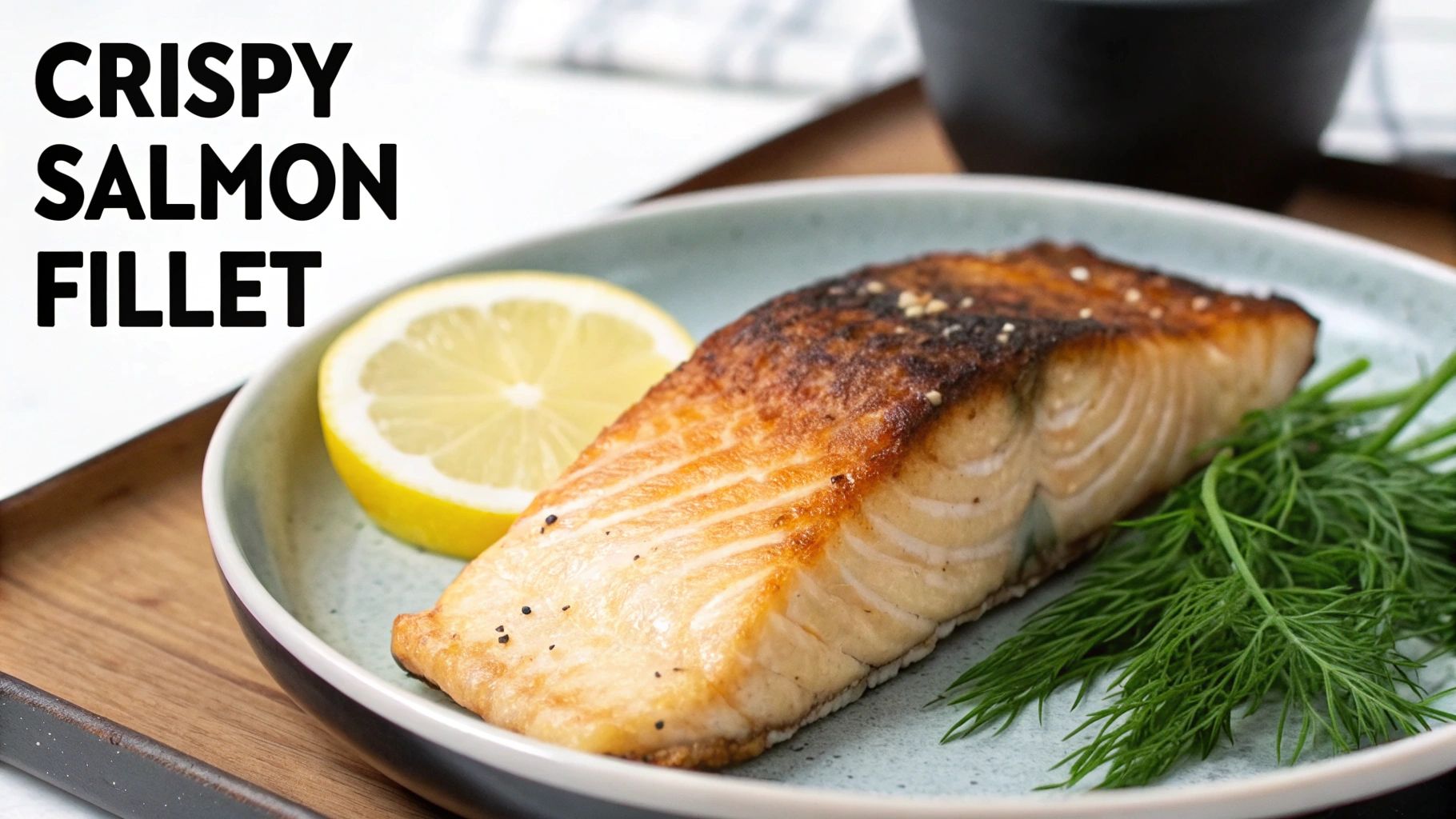 A perfectly cooked crispy salmon fillet served on a light blue plate with a lemon slice and fresh dill.