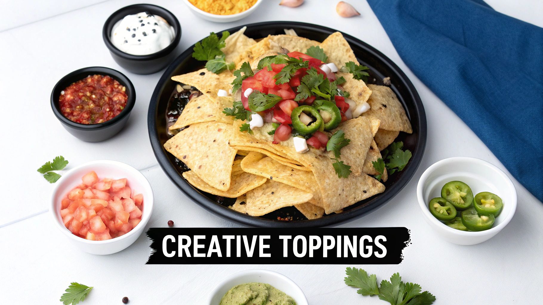 A vibrant plate of nachos loaded with fresh toppings like tomatoes, jalapeños, and cilantro, surrounded by various dips.