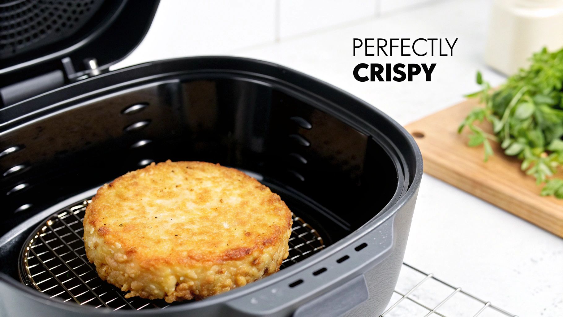 A perfectly crispy, golden hash brown patty inside a black air fryer with fresh herbs in the background.
