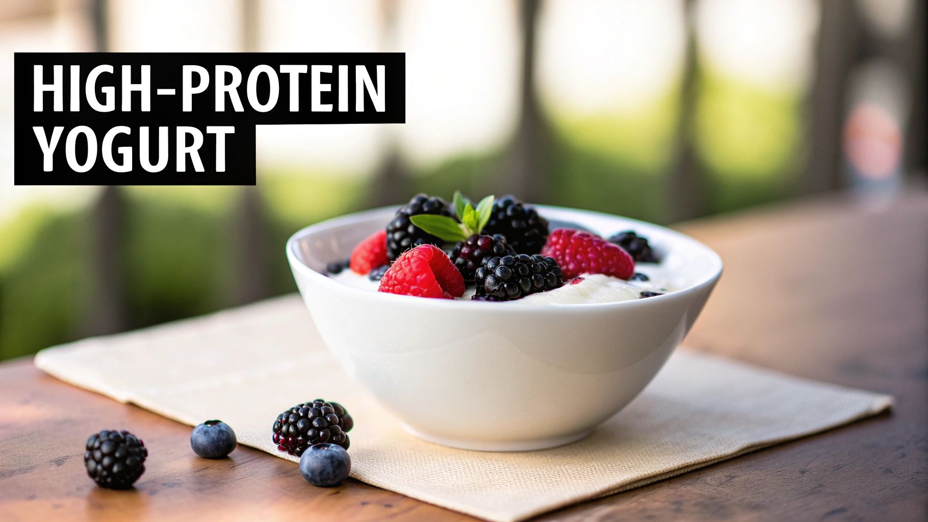 A white bowl of high-protein yogurt topped with fresh raspberries, blackberries, and blueberries on a wooden table.