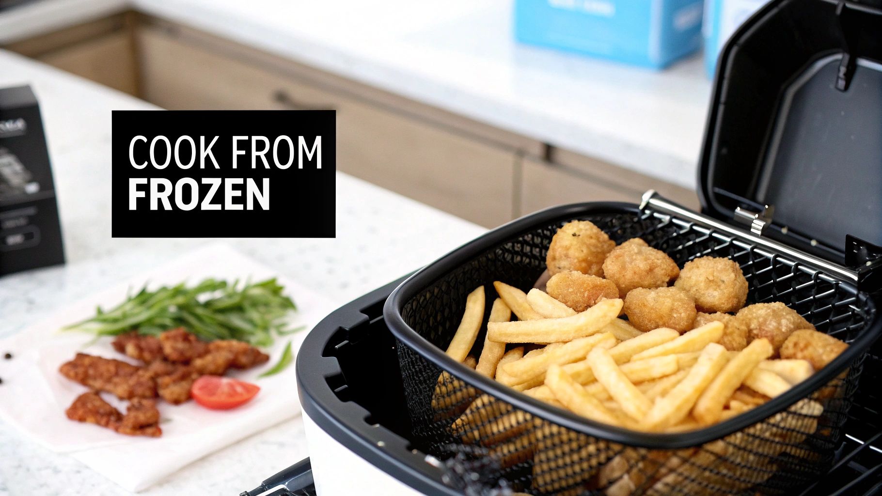 An air fryer basket holds golden french fries and chicken nuggets, next to text 'COOK FROM FROZEN'.
