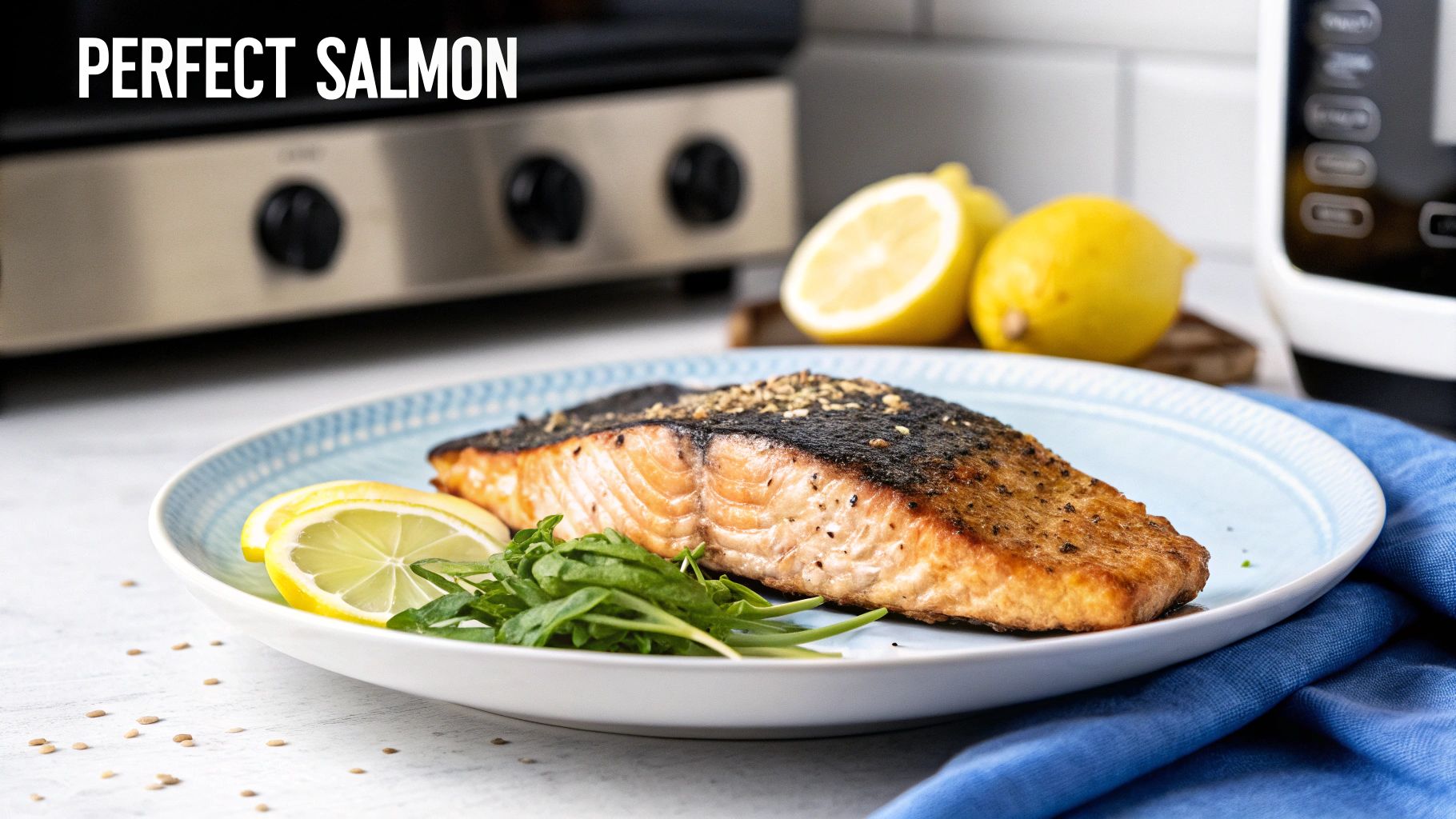 A perfectly cooked salmon fillet seasoned with spices, garnished with lemon and fresh greens on a blue plate.