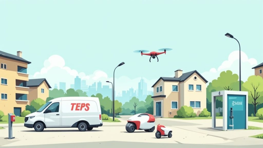 A futuristic scene showing drones and autonomous delivery robots navigating a city street to deliver packages.