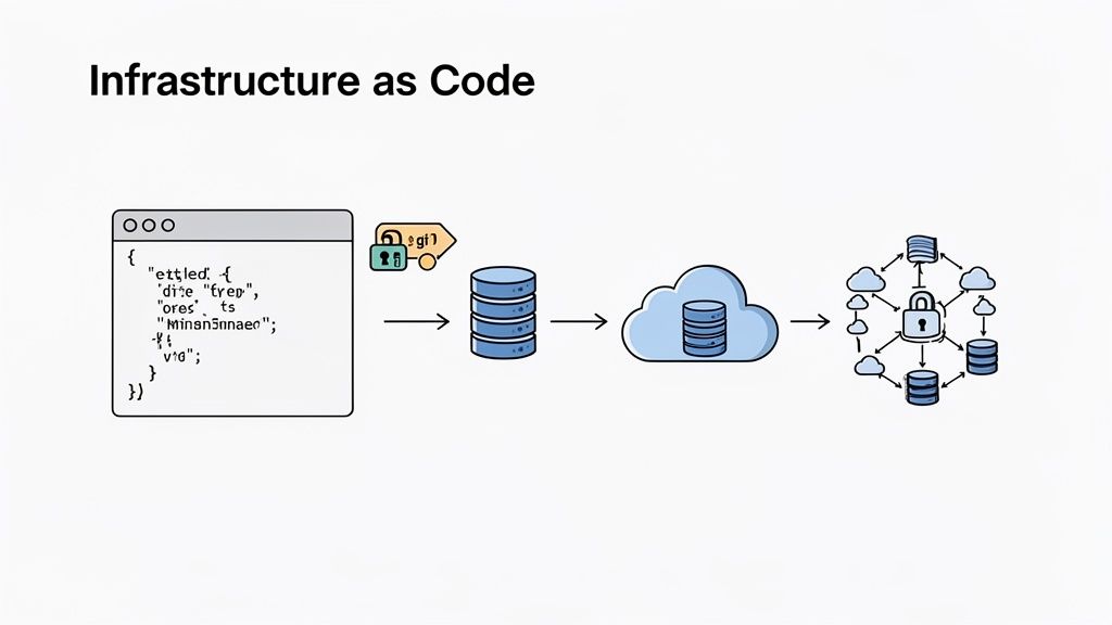 Diagram illustrating Infrastructure as Code workflow from code to version control to secure cloud deployment.