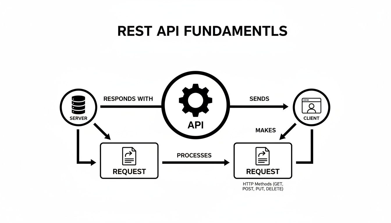 Diagram explaining REST API fundamentals, detailing the interaction flow between client, API, and server.