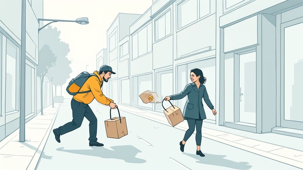 A delivery driver organizing packages in the back of a van, symbolizing the final stage of delivery