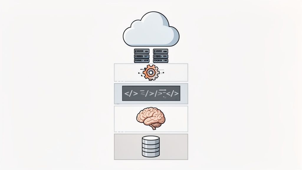 A layered diagram illustrating the architecture of custom software development, from cloud to database.