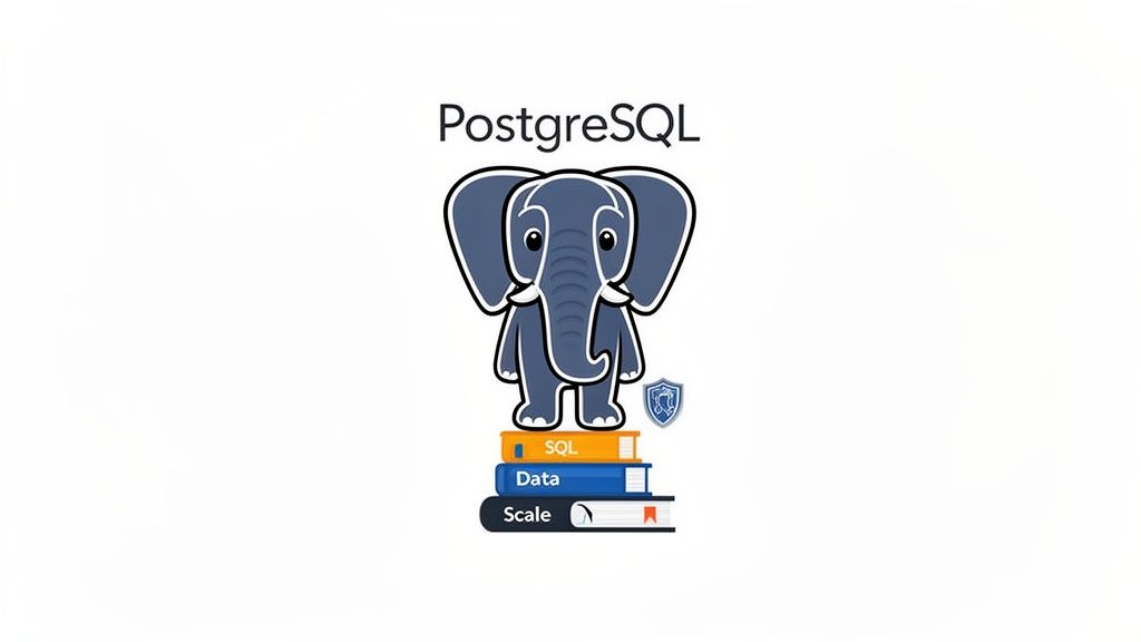 PostgreSQL logo with an elephant mascot standing on books labeled SQL, Data, and Scale.