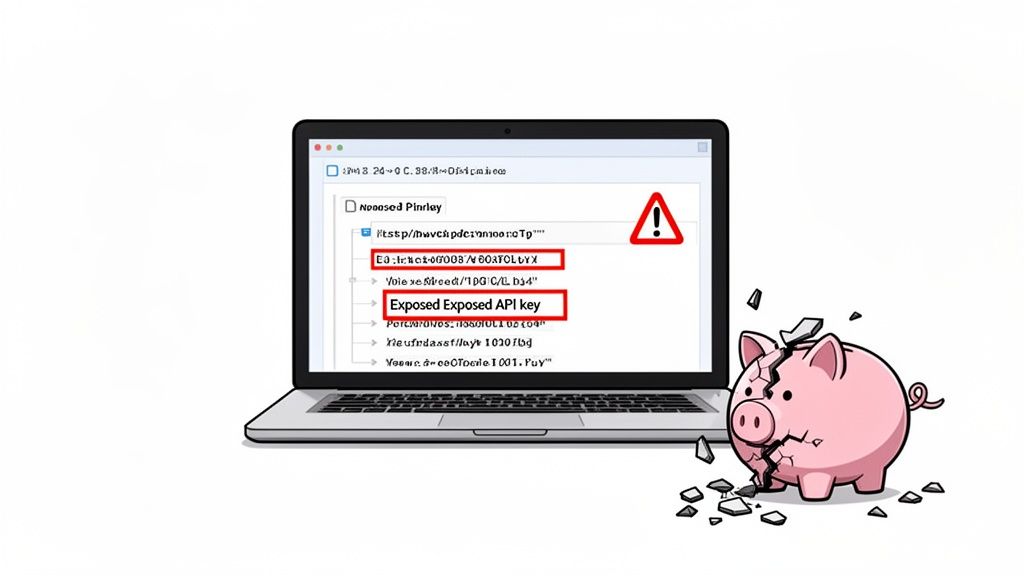 A laptop screen displaying an 'Exposed API key' warning next to a shattered piggy bank, symbolizing financial loss.