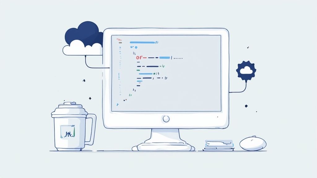A minimalist illustration of a developer's desk with a computer displaying code, connected to cloud services.